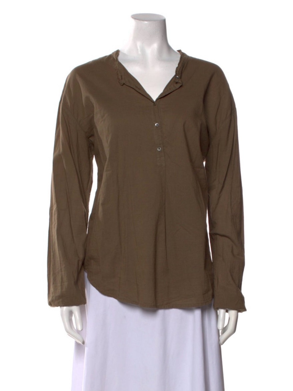 XiRENA Olive Brown Button-Front V-Neck Long Sleeve Shirt 100% Cotton